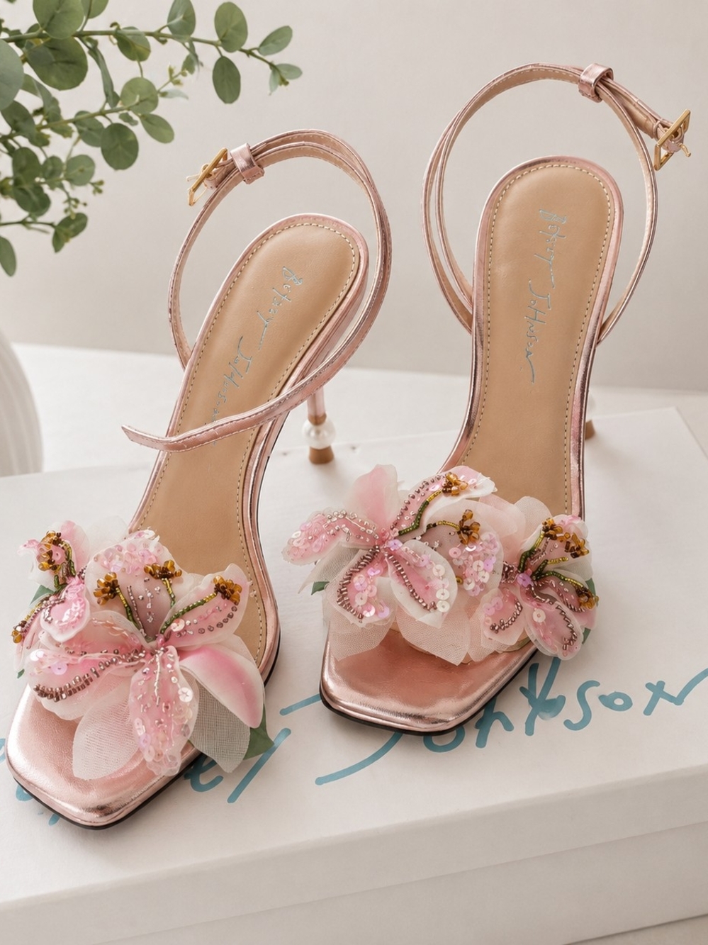 Elegant Pink Floral Embellished Women's Heels